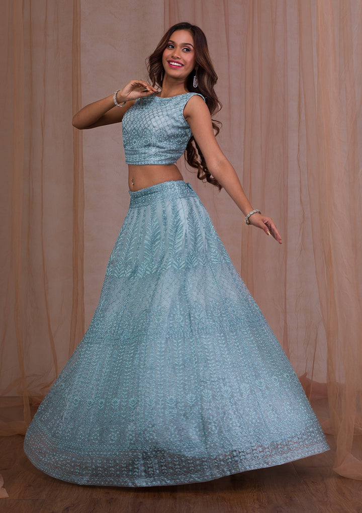 Sky Blue Cudana Net Readymade Lehenga-Koskii