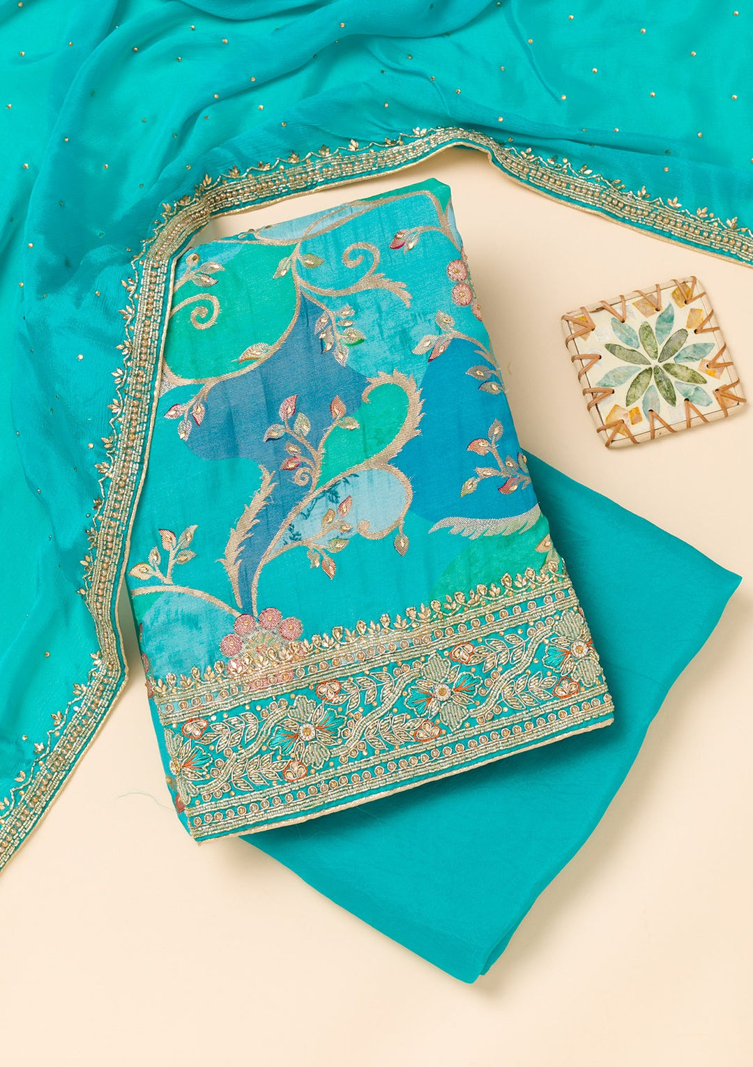 Sky Blue Cutdana Crepe Unstitched Salwar Suit-Koskii