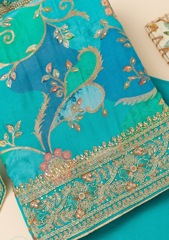 Sky Blue Cutdana Crepe Unstitched Salwar Suit-Koskii