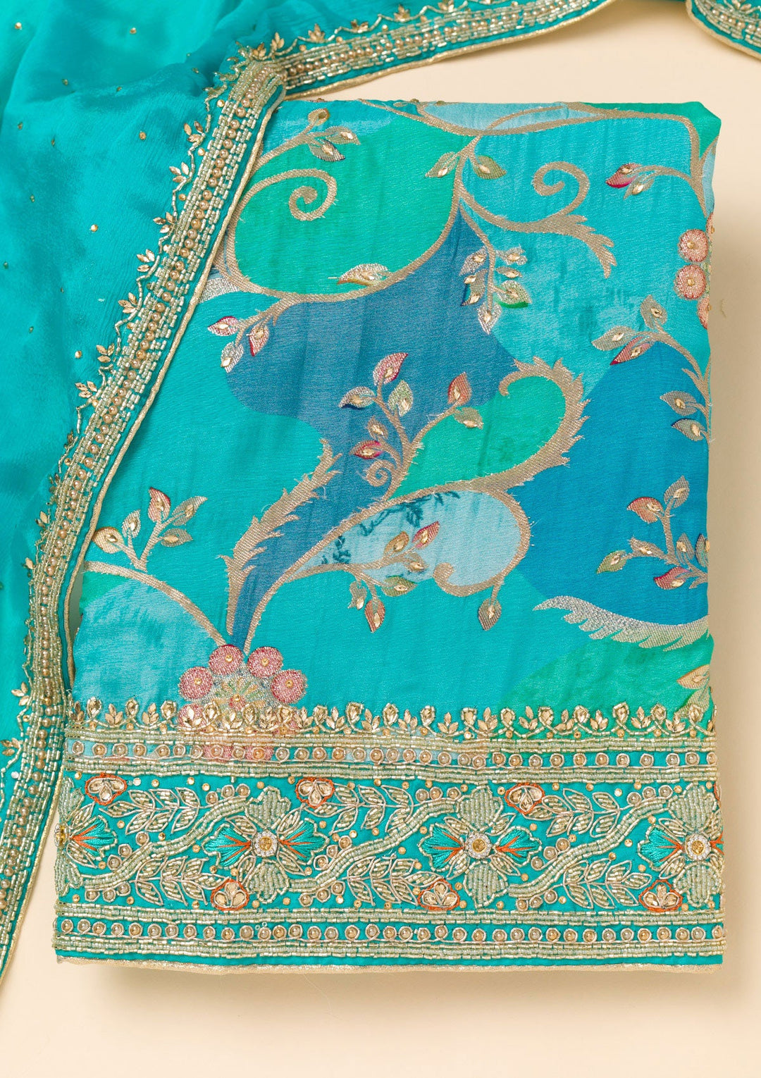 Sky Blue Cutdana Crepe Unstitched Salwar Suit-Koskii