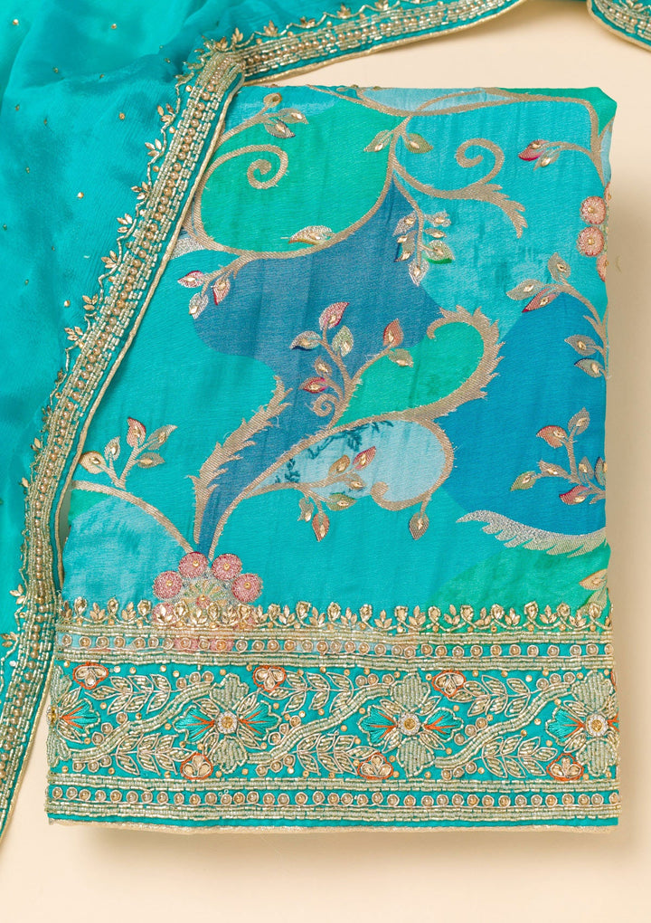 Sky Blue Cutdana Crepe Unstitched Salwar Suit-Koskii