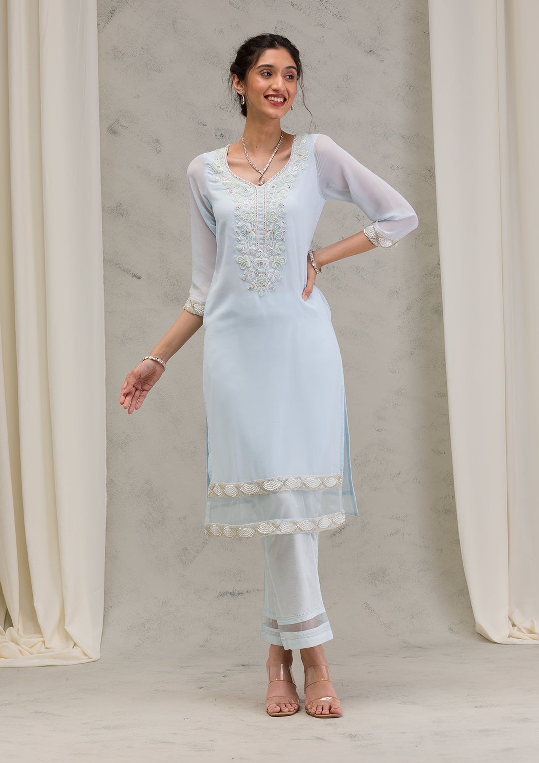 Sky Blue Cutdana Georgette Readymade Salwar Kameez