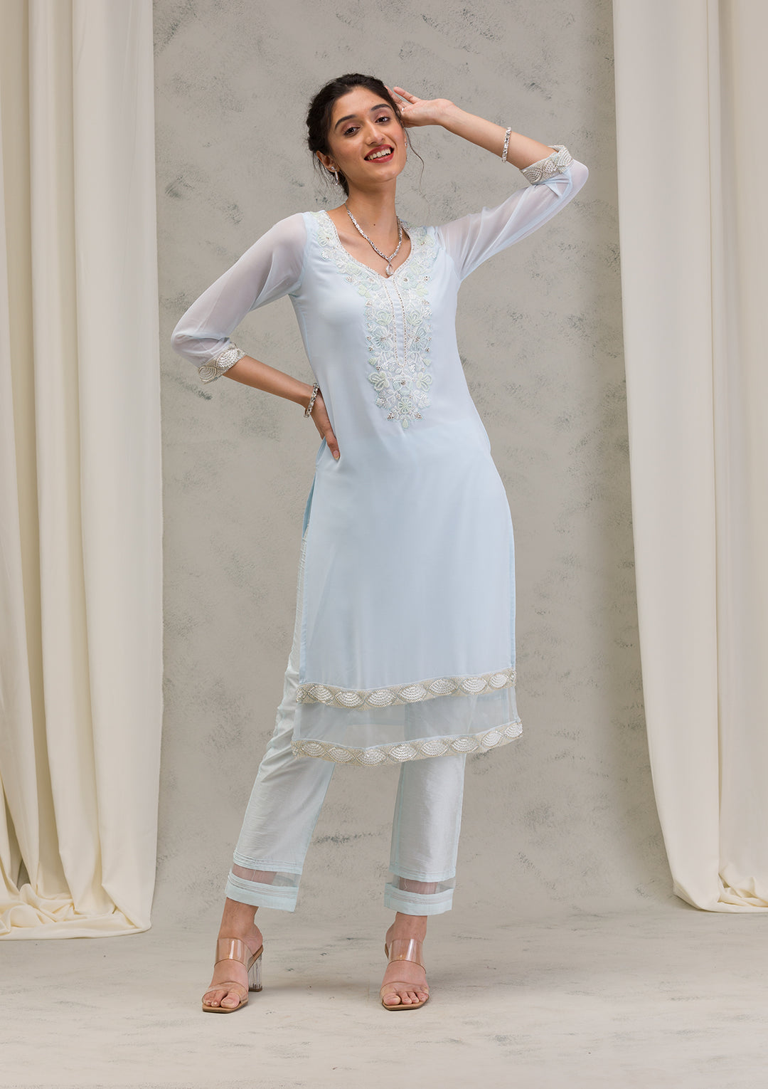 Sky Blue Cutdana Georgette Readymade Salwar Kameez
