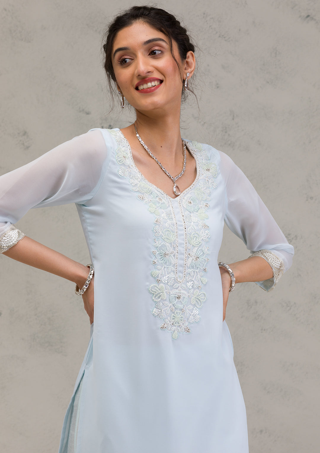 Sky Blue Cutdana Georgette Readymade Salwar Kameez