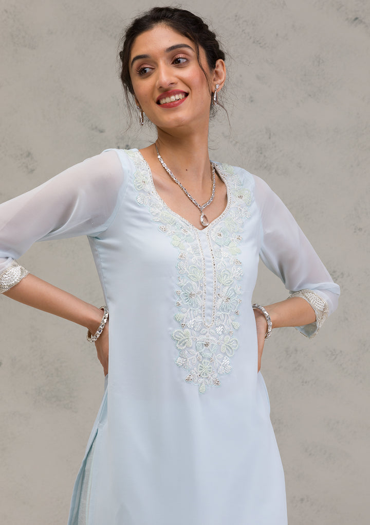 Sky Blue Cutdana Georgette Readymade Salwar Kameez