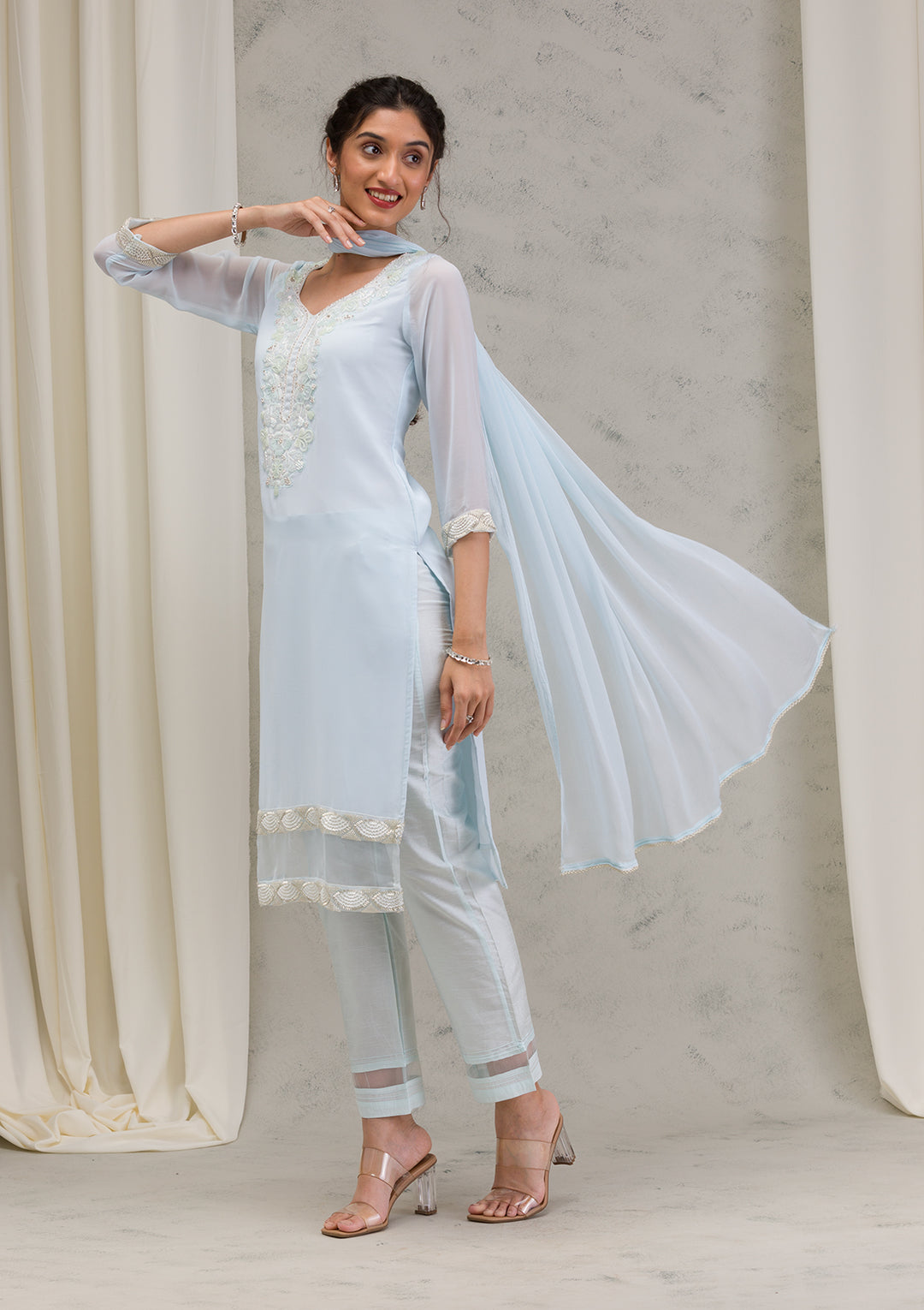 Sky Blue Cutdana Georgette Readymade Salwar Kameez