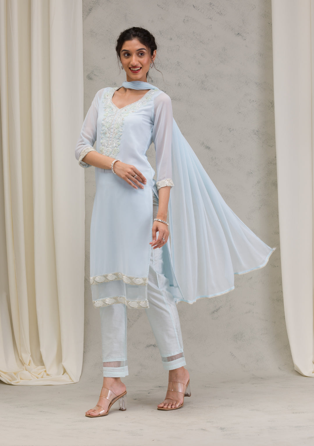 Sky Blue Cutdana Georgette Readymade Salwar Kameez