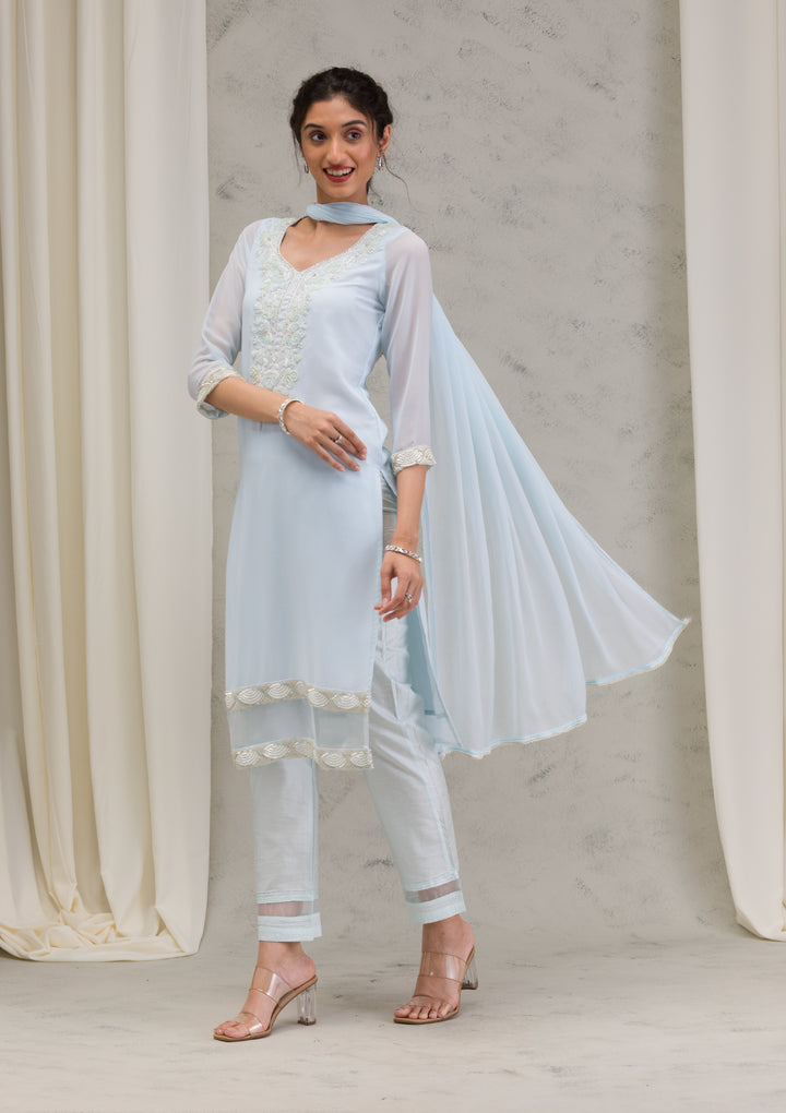 Sky Blue Cutdana Georgette Readymade Salwar Kameez