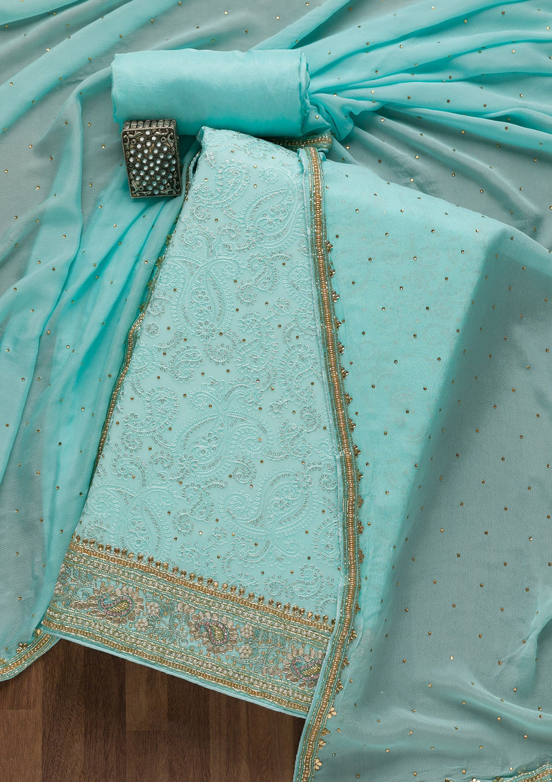 Sky Blue Cutdana Georgette Unstitched Salwar Suit-Koskii