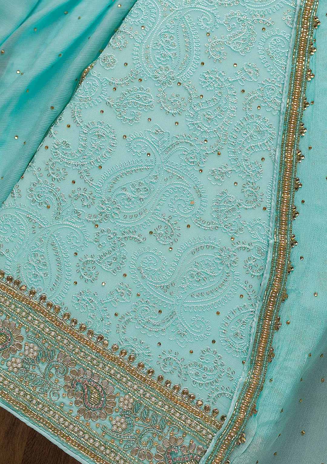 Sky Blue Cutdana Georgette Unstitched Salwar Suit-Koskii