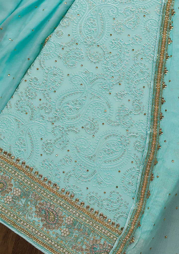 Sky Blue Cutdana Georgette Unstitched Salwar Suit-Koskii