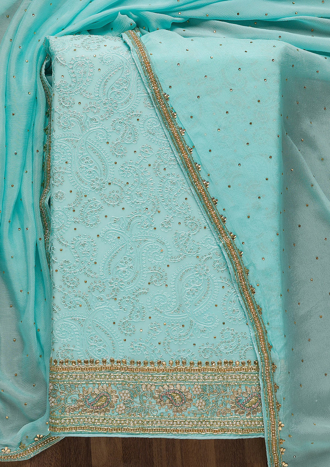 Sky Blue Cutdana Georgette Unstitched Salwar Suit-Koskii