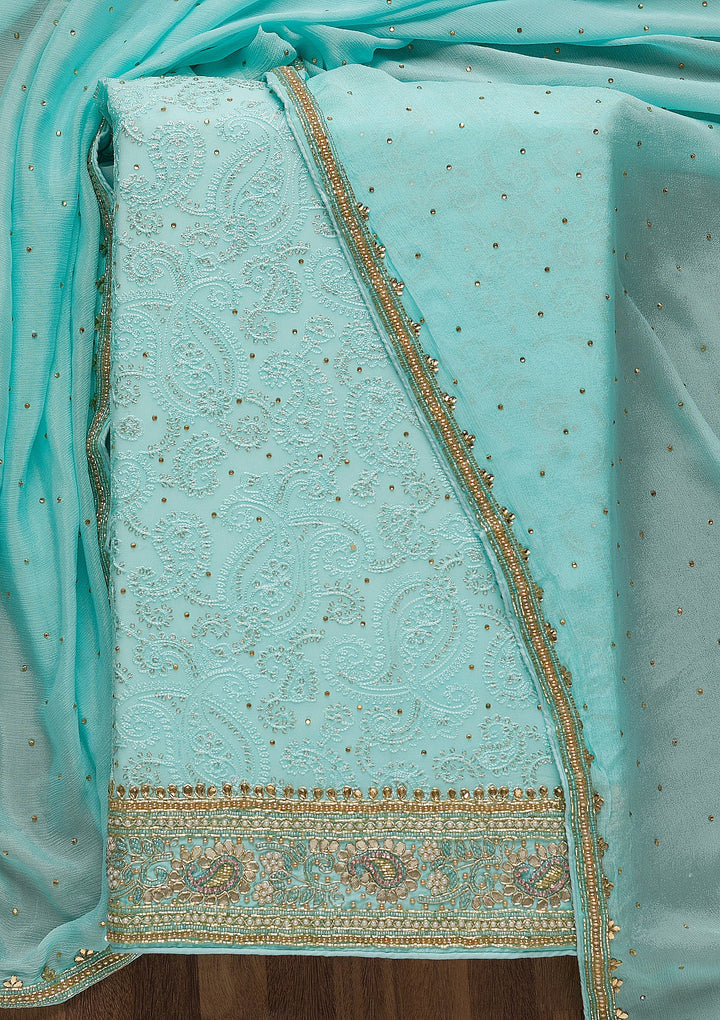 Sky Blue Cutdana Georgette Unstitched Salwar Suit-Koskii