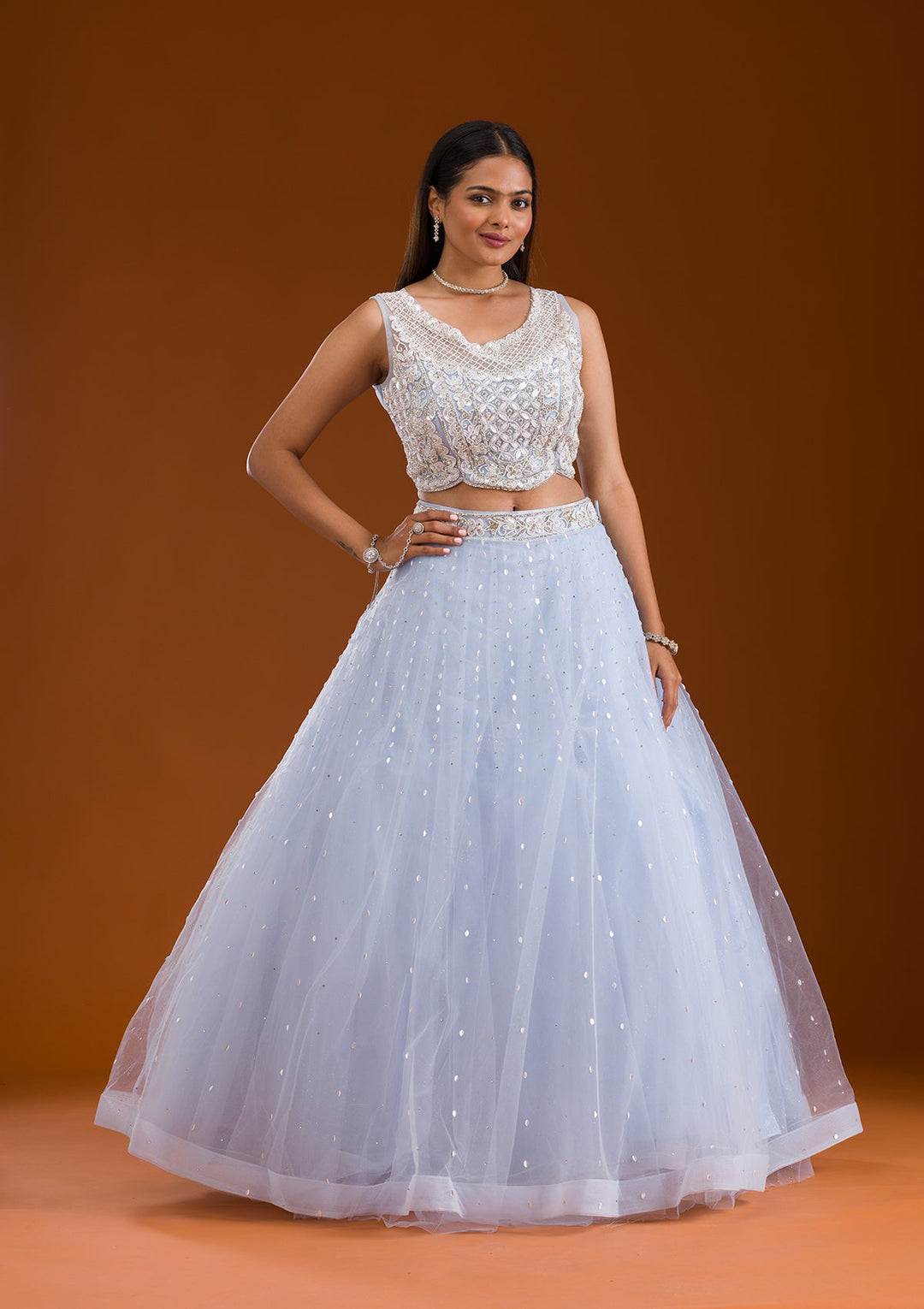 Sky Blue Cutdana Net Readymade Lehenga-Koskii