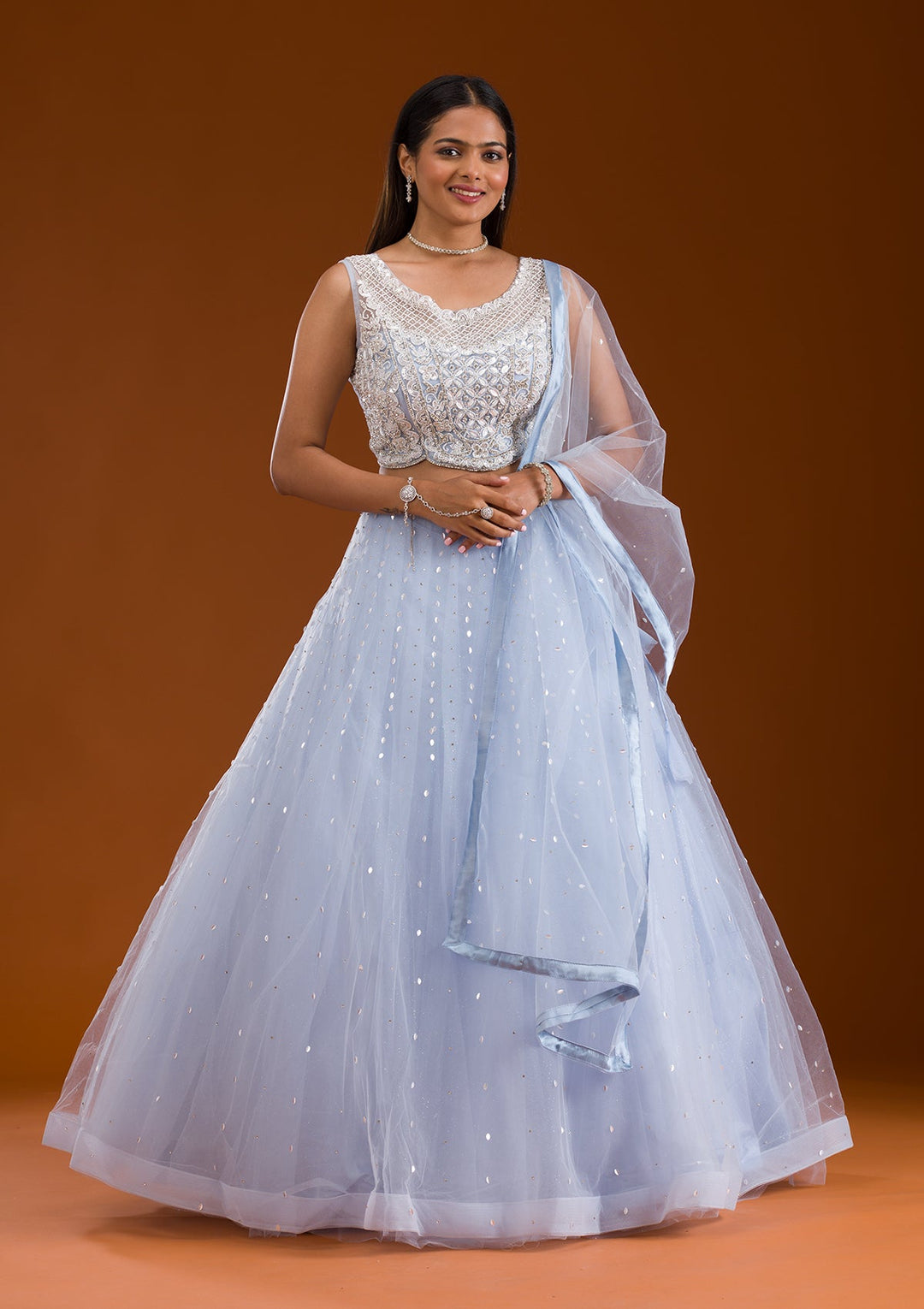 Sky Blue Cutdana Net Readymade Lehenga-Koskii