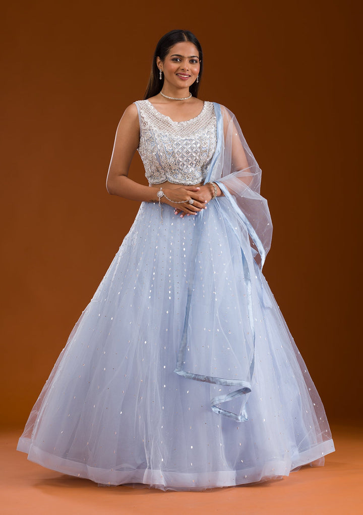 Sky Blue Cutdana Net Readymade Lehenga-Koskii