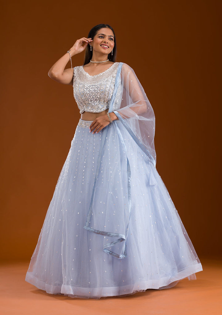 Sky Blue Cutdana Net Readymade Lehenga-Koskii