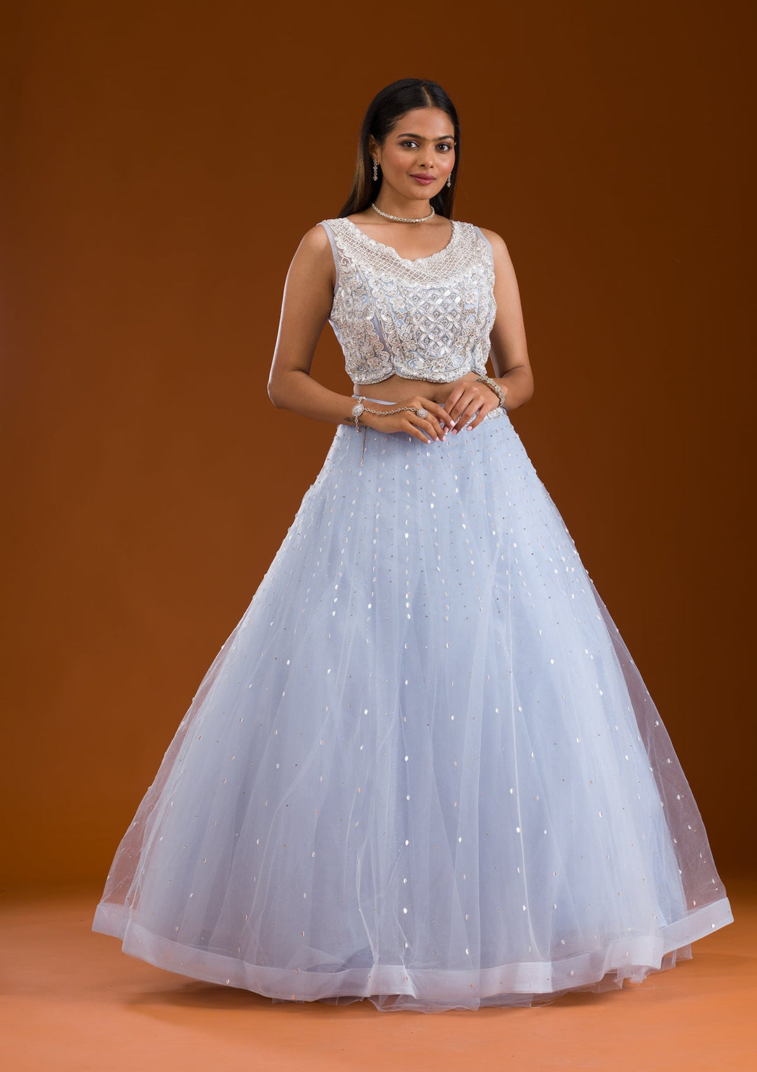 Sky Blue Cutdana Net Readymade Lehenga-Koskii