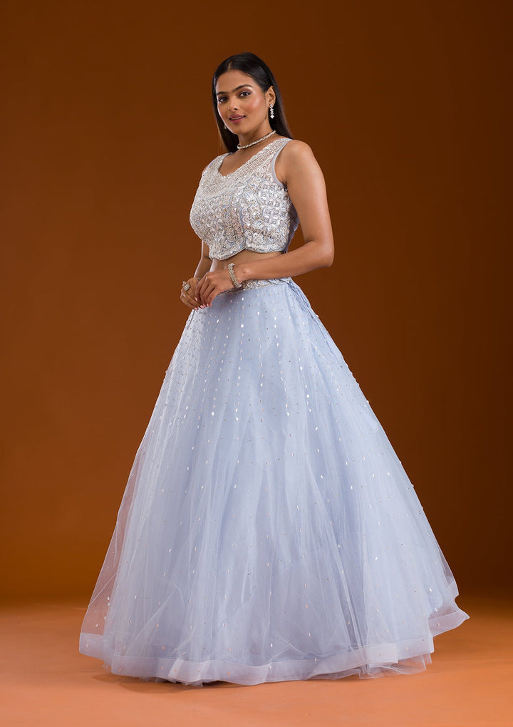 Sky Blue Cutdana Net Readymade Lehenga-Koskii