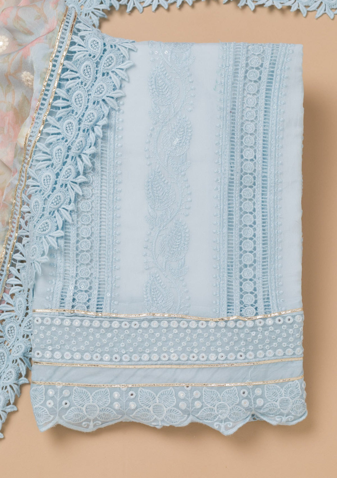 Sky Blue Cutwork Georgette Unstitched Salwar Kameez-Koskii