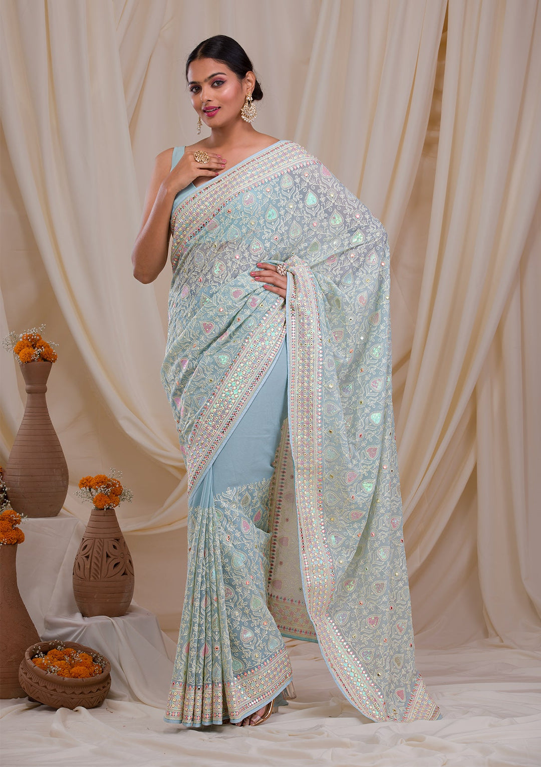 Sky Blue Gotapatti Georgette Saree-Koskii
