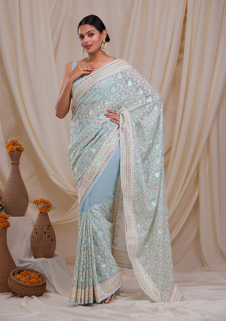 Sky Blue Gotapatti Georgette Saree-Koskii