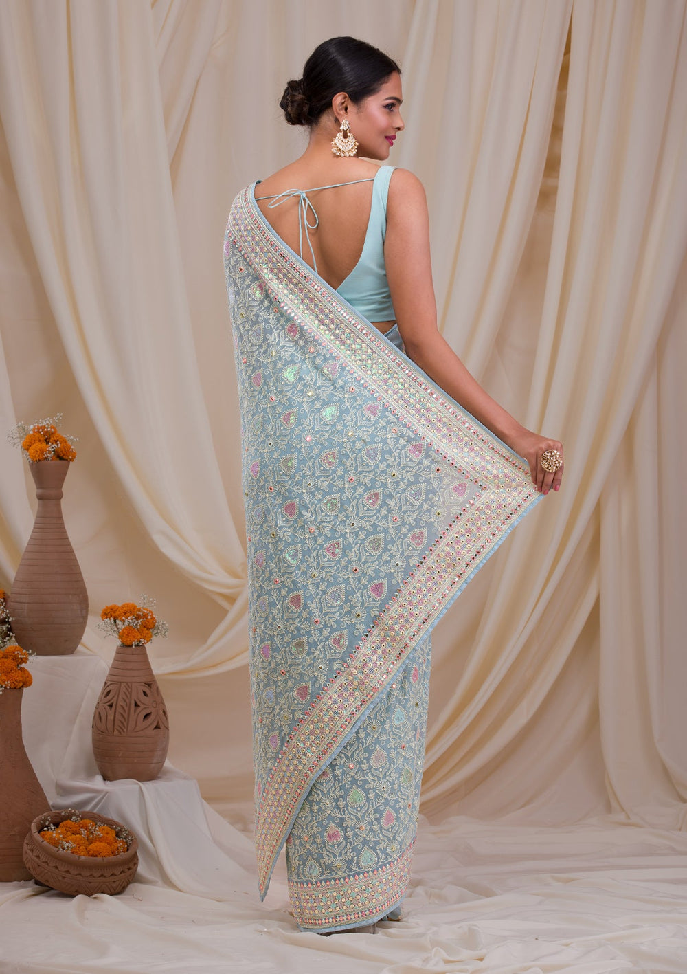 Sky Blue Gotapatti Georgette Saree-Koskii