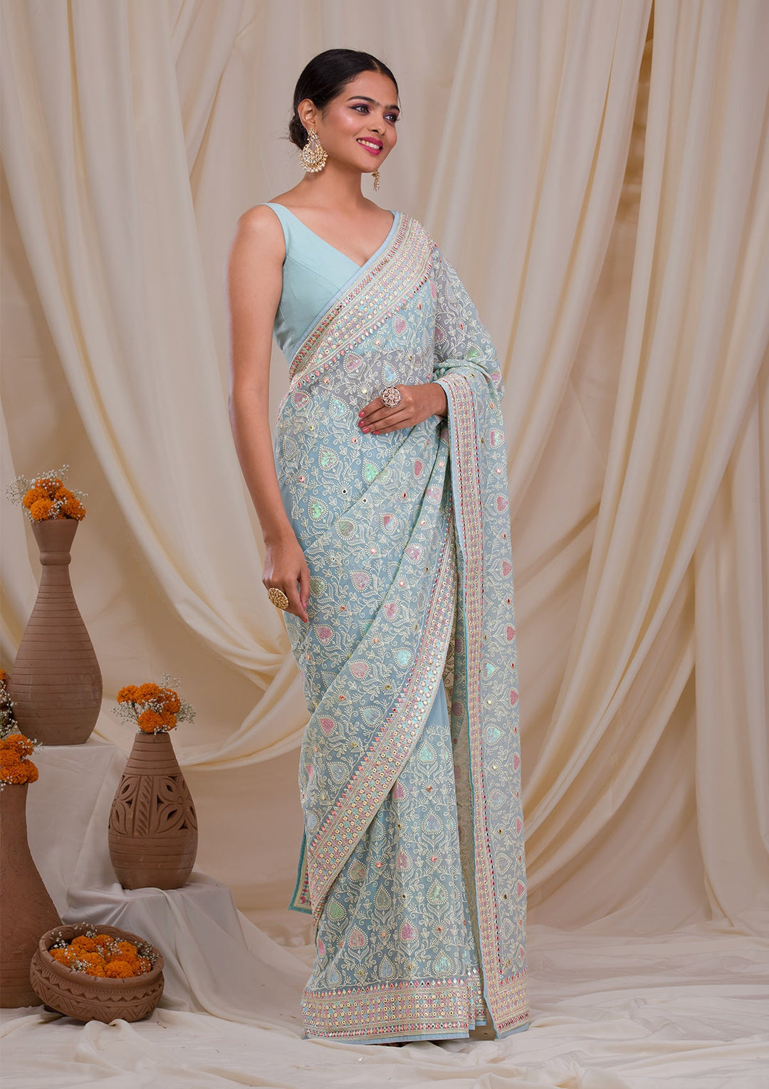 Sky Blue Gotapatti Georgette Saree-Koskii