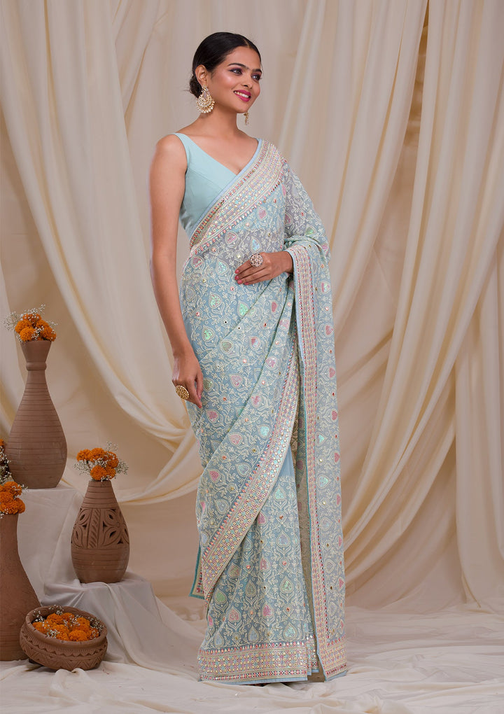 Sky Blue Gotapatti Georgette Saree-Koskii
