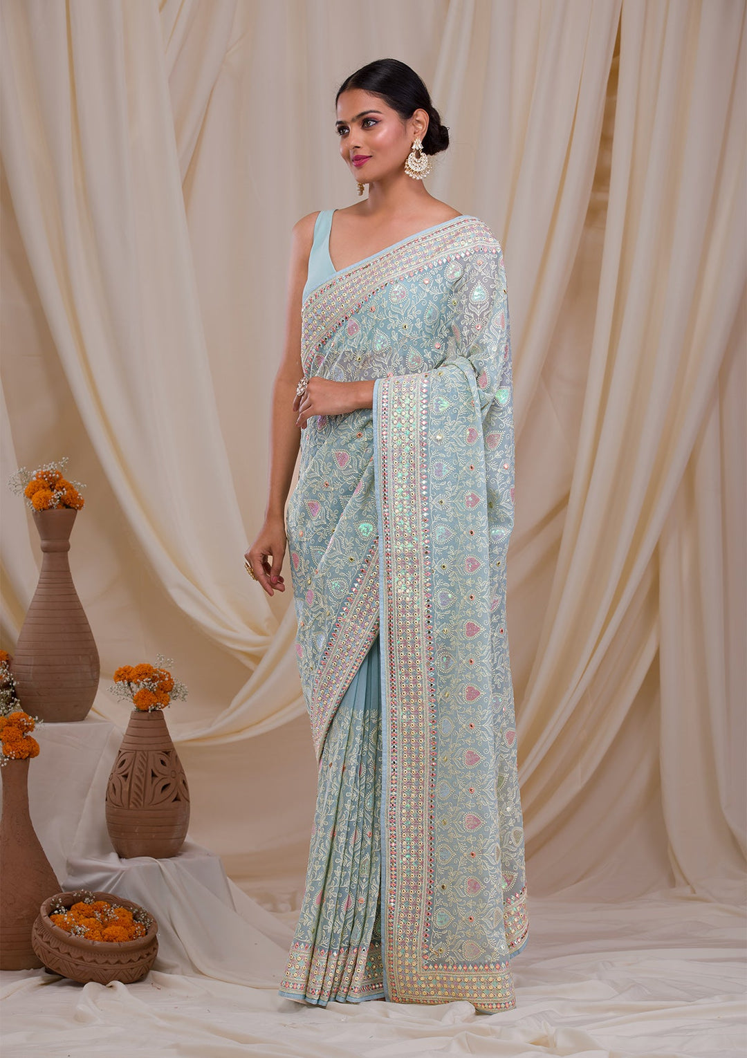 Sky Blue Gotapatti Georgette Saree-Koskii