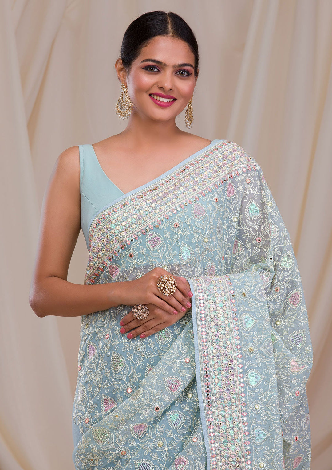 Sky Blue Gotapatti Georgette Saree-Koskii