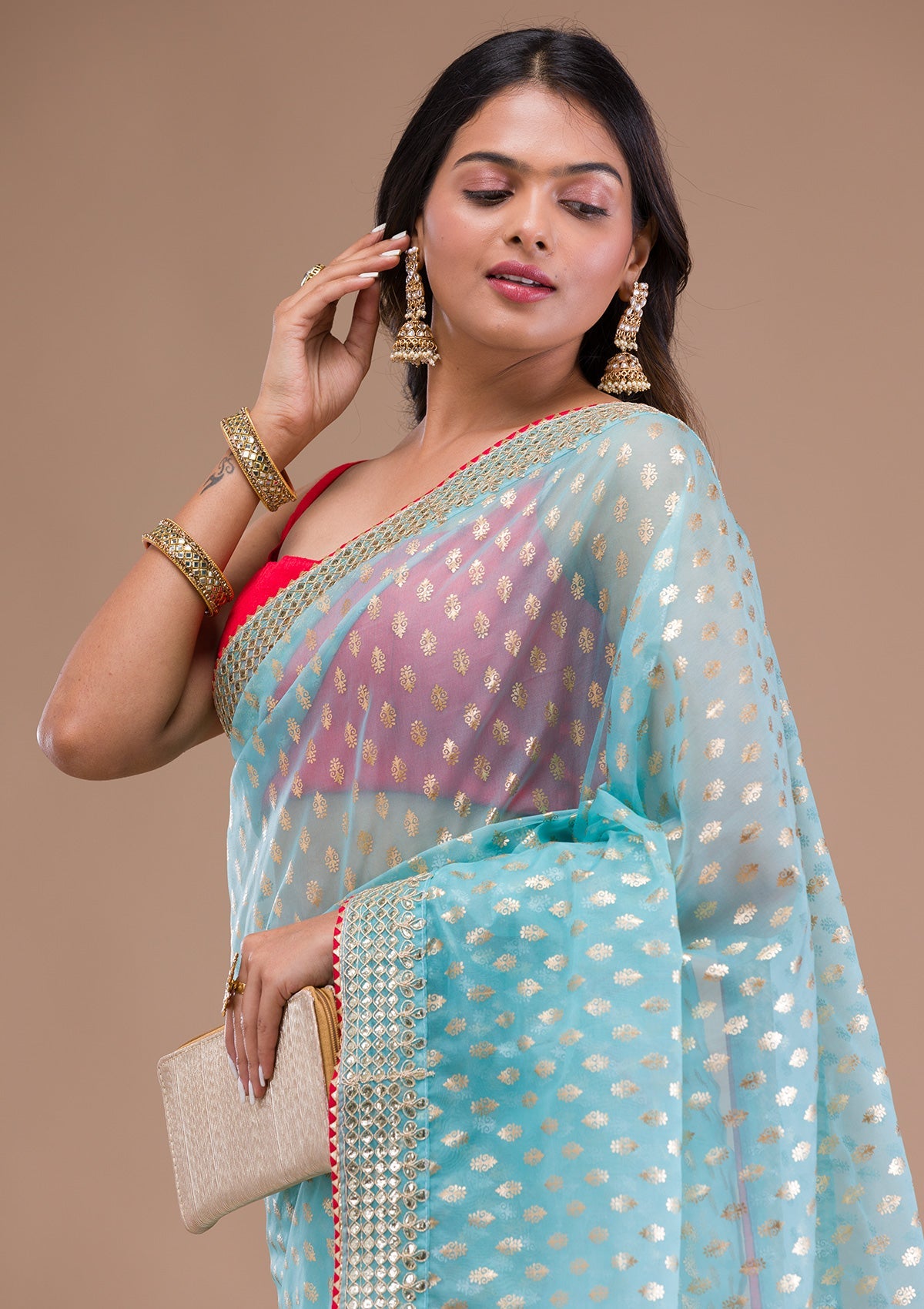 Pink Stonework Georgette Designer Saree-Koskii