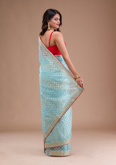 Peacock Blue Sequins Georgette Designer Saree-Koskii