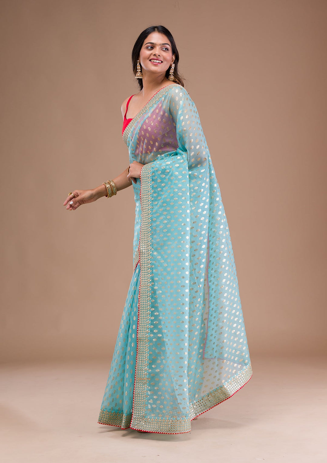 Peacock Blue Sequins Georgette Designer Saree-Koskii