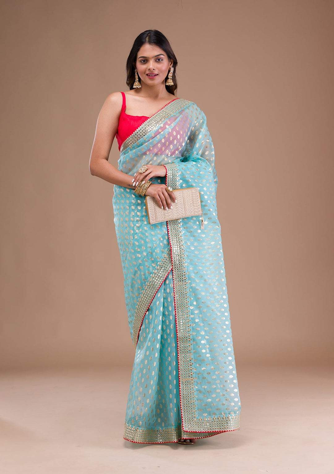 Peacock Blue Sequins Georgette Designer Saree-Koskii