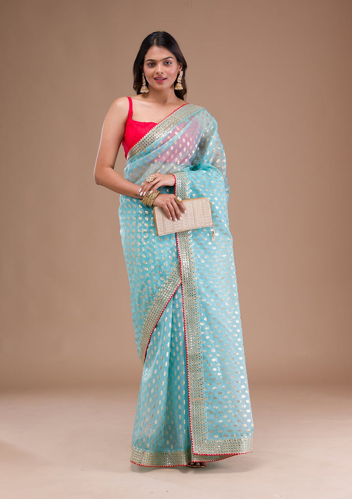 Peacock Blue Sequins Georgette Designer Saree-Koskii