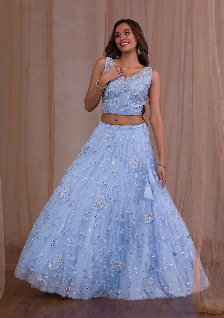 Sky Blue Mirrorwork Net Readymade Lehenga-Koskii