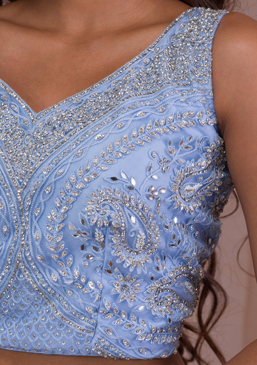 Sky Blue Mirrorwork Net Readymade Lehenga-Koskii