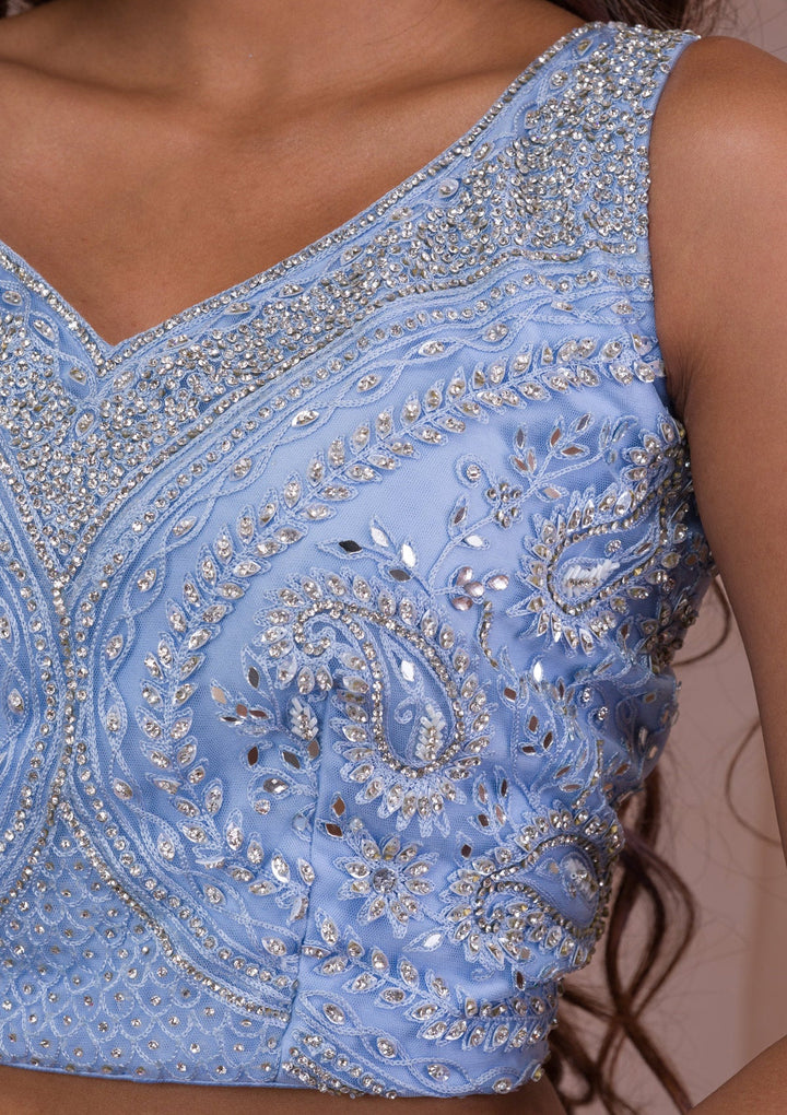 Sky Blue Mirrorwork Net Readymade Lehenga-Koskii
