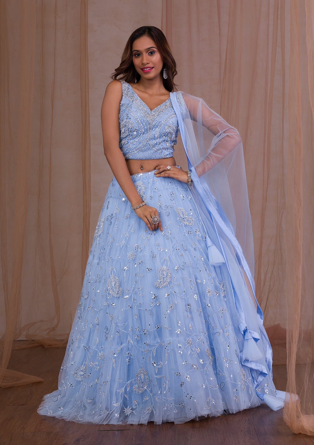 Sky Blue Mirrorwork Net Readymade Lehenga-Koskii