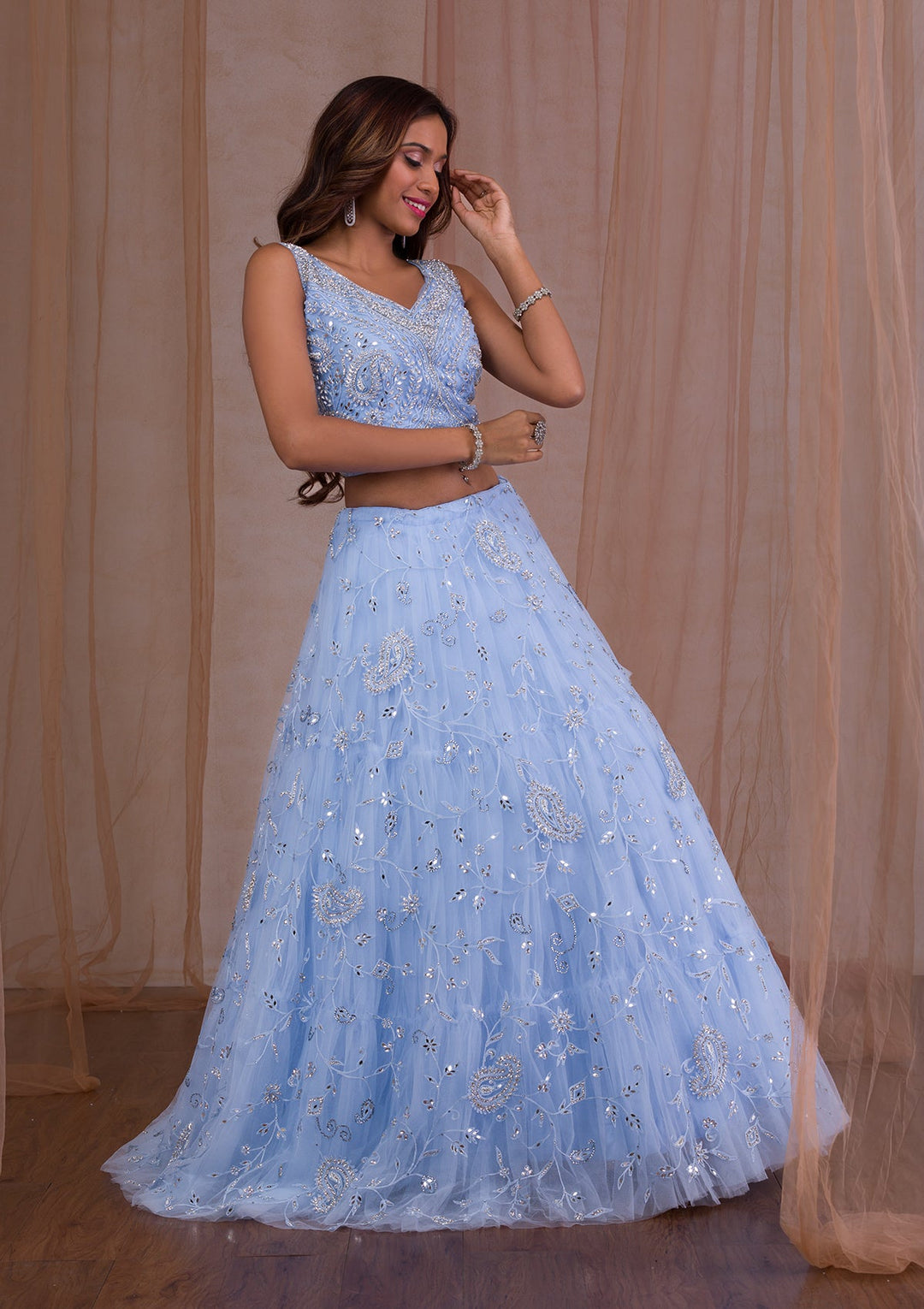Sky Blue Mirrorwork Net Readymade Lehenga-Koskii
