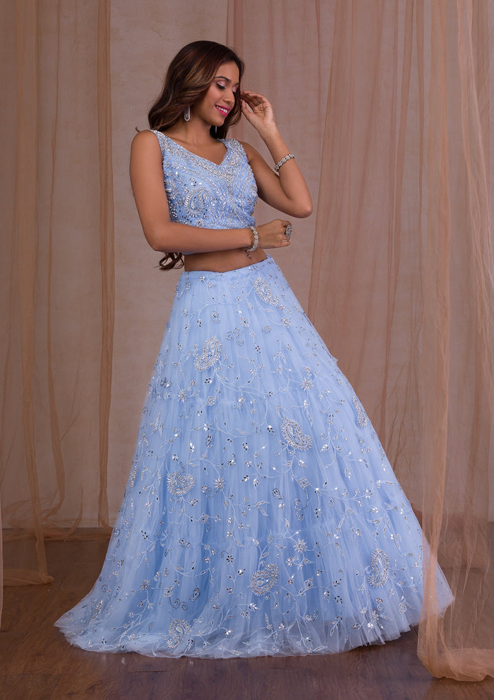 Sky Blue Mirrorwork Net Readymade Lehenga-Koskii