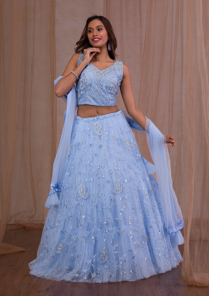 Sky Blue Mirrorwork Net Readymade Lehenga-Koskii