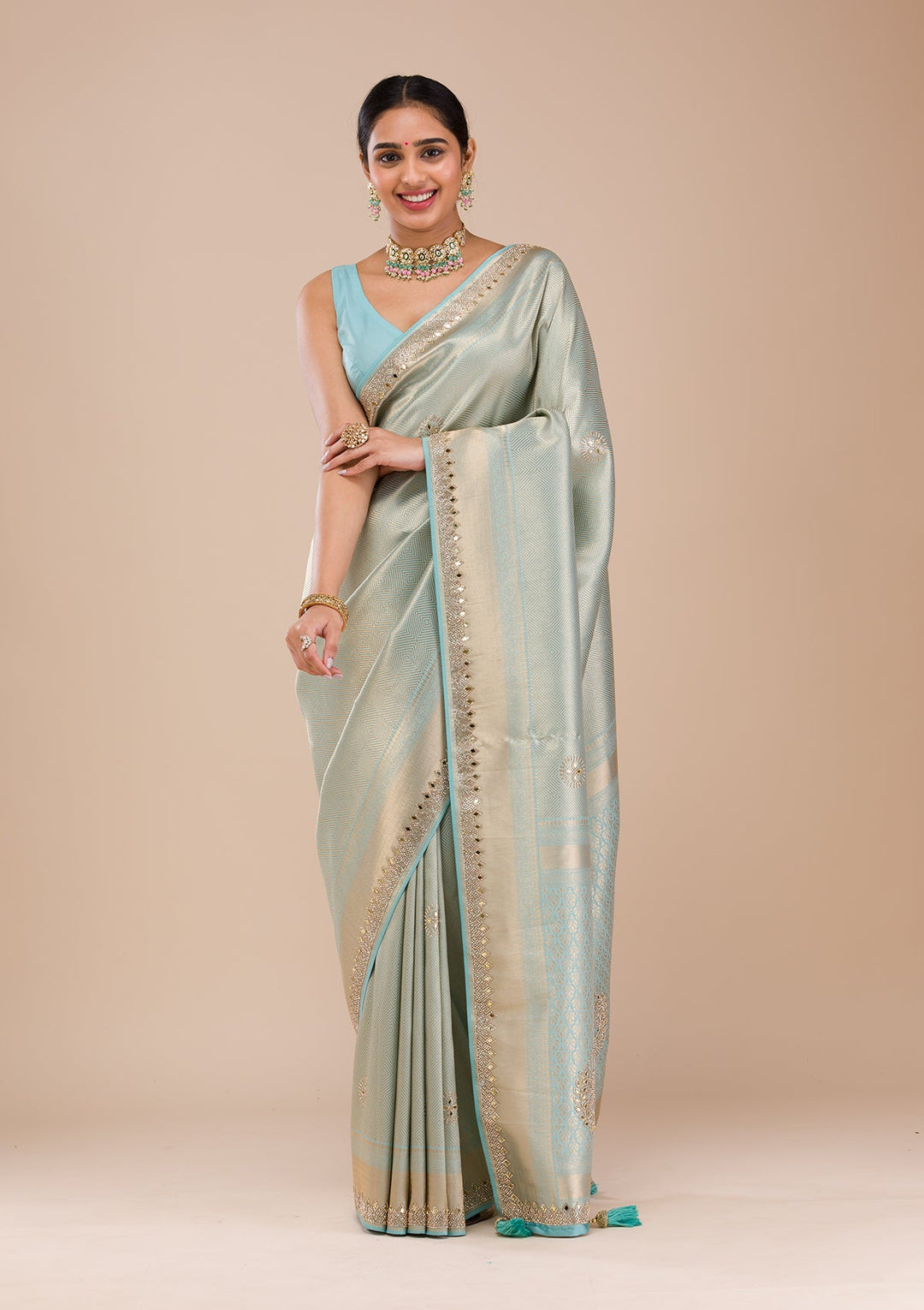Sky Blue Mirrorwork Silk Saree-Koskii
