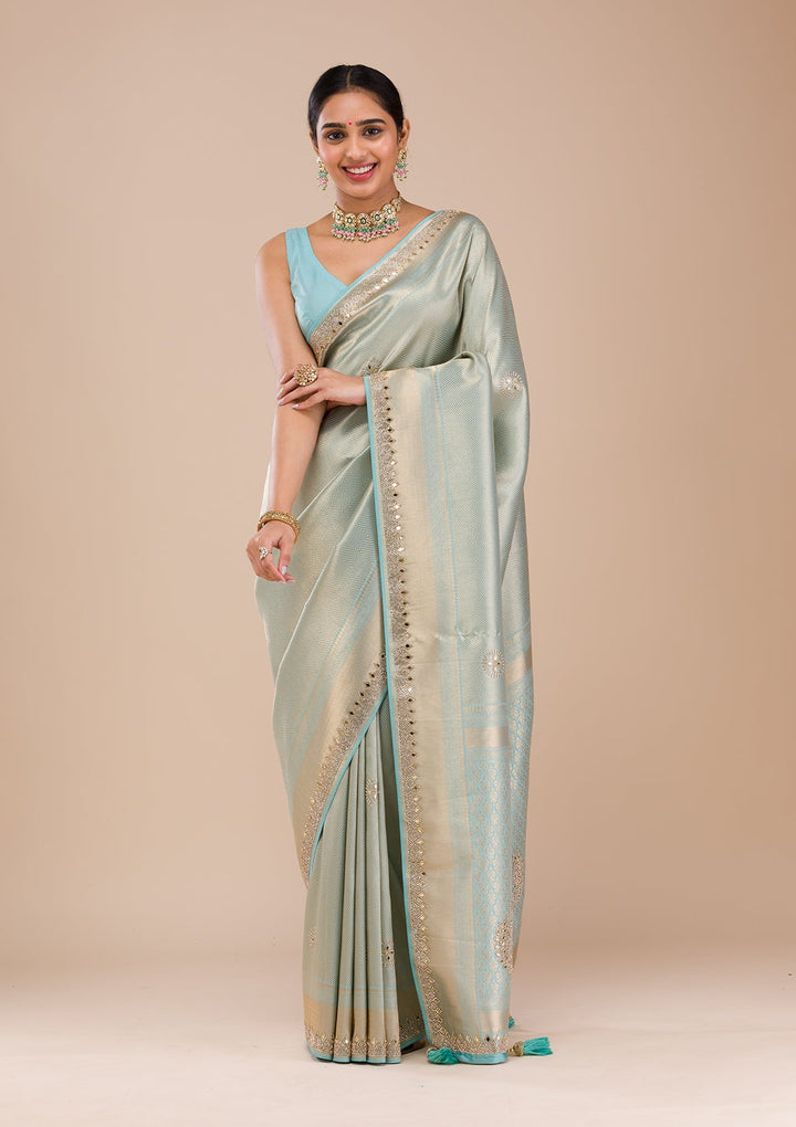 Sky Blue Mirrorwork Silk Saree-Koskii
