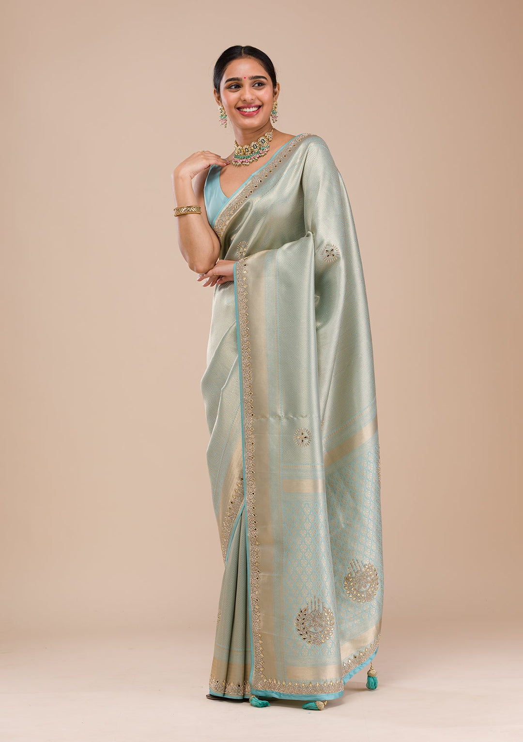 Sky Blue Mirrorwork Silk Saree-Koskii