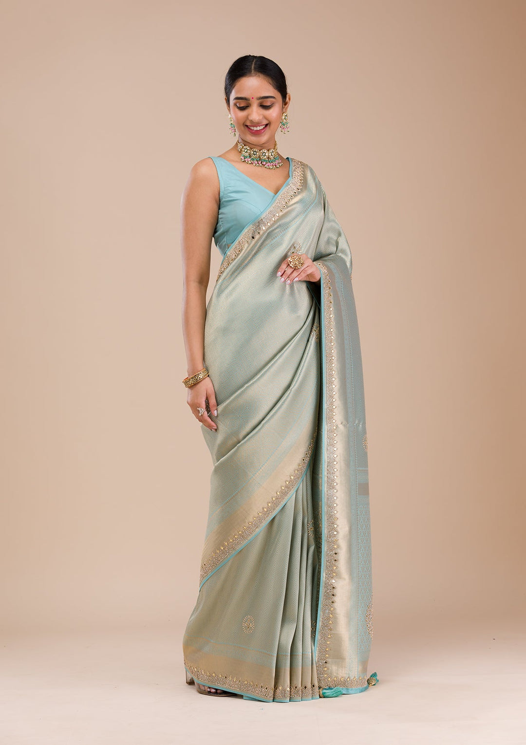 Sky Blue Mirrorwork Silk Saree-Koskii