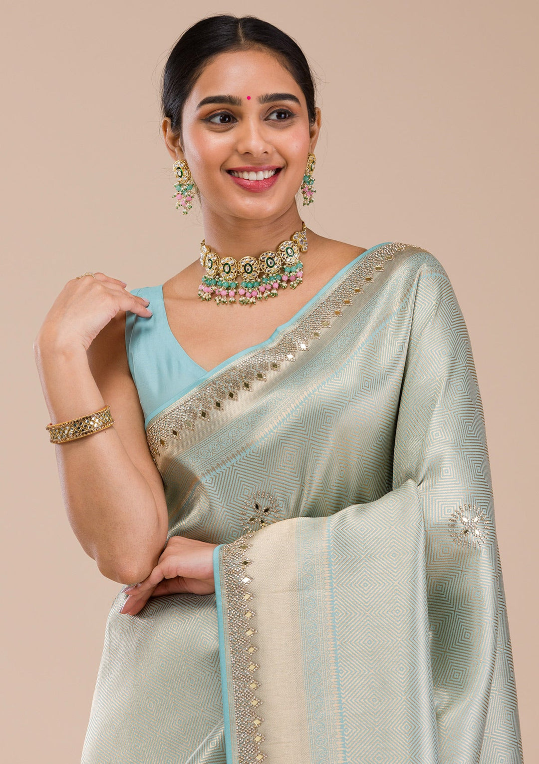 Sky Blue Mirrorwork Silk Saree-Koskii