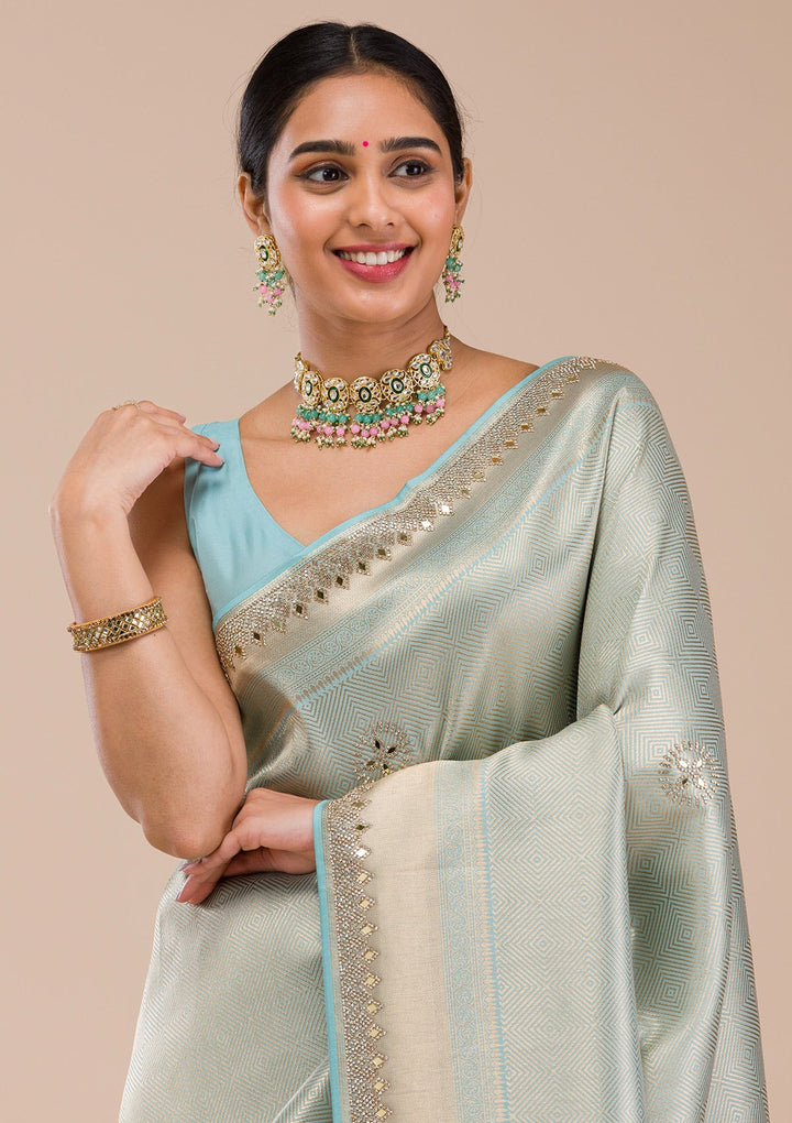 Sky Blue Mirrorwork Silk Saree-Koskii