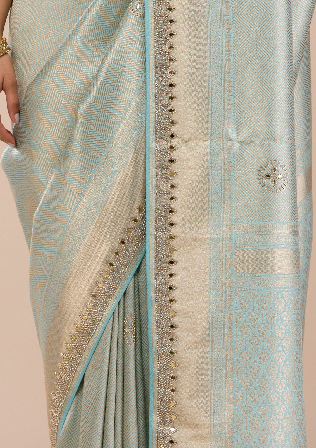 Sky Blue Mirrorwork Silk Saree-Koskii